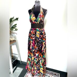 French Connection, halter maxi dress,  metallic thread and beads, size 6US